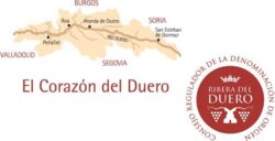 Karte der Ribera del Duero Weinregion in Spanien mit hervorgehobenen Städten, Umriss in Braun, Text "El Corazón del Duero", Logo des "Consejo Regulador". Ideal für Weinliebhaber!