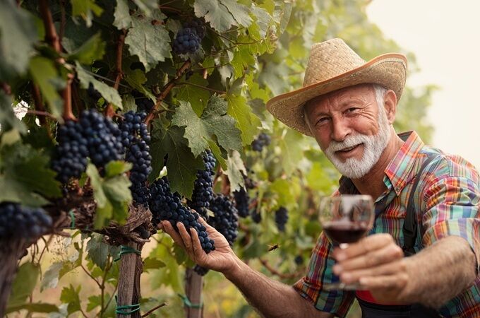 Älterer Winzer in einem Weinberg mit reifen roten Trauben, hält ein Glas Rotwein und lächelt. Ideal für Bio-Weinanbau.