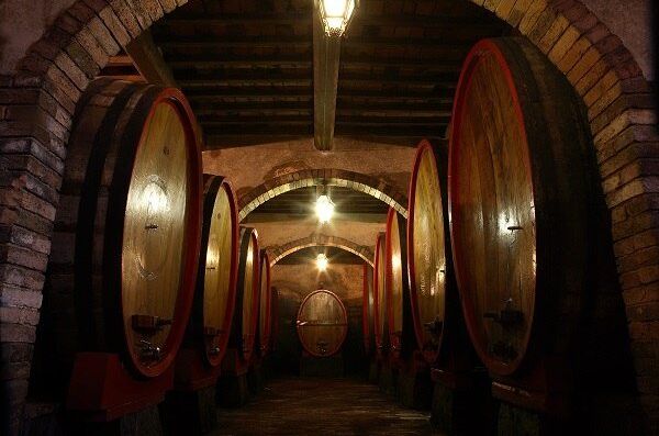 Weinkeller der Marke Carpineto in Montepulciano mit großen Holzfässern, die beleuchtet und sauber aufgereiht sind. Perfekte Atmosphäre für hochwertigen Wein.