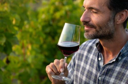 Ein Mann im karierten Hemd genießt ein Glas halbtrockenen Rotwein im Freien bei einem Weinberg. Perfekt für gesellige Momente!