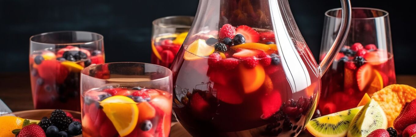 Eine Karaffe Sangria mit frischen Früchten, umgeben von Gläsern gefüllt mit Orangen, Beeren und Zitronen, auf einem Holztisch.