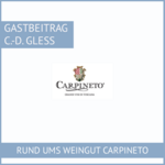 Logo des Weinguts Carpineto mit dem Text 'Gastbeitrag C.-D. Gless', umgeben von einem blauen Rahmen. Italienische Qualitätsweine entdecken!