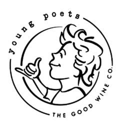 Logo der Weinmarke young poets: stilisierte Illustration eines Gesichts im Kreis, umgeben von der Schrift ‚young poets – the good wine co.