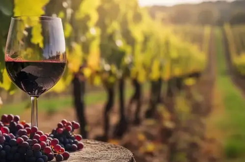 Ein Glas österreichischer Rotwein auf einem Fass neben Weintrauben im malerischen Weinberg bei Sonnenuntergang. Ideal für Genießer.