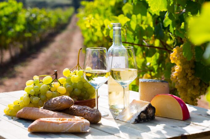 Ein gedeckter Holztisch inmitten eines sonnigen Weinbergs zeigt eine Flasche Schweizer Weißwein, zwei gefüllte Gläser, frische Weintrauben, verschiedene Käsesorten und knuspriges Brot.