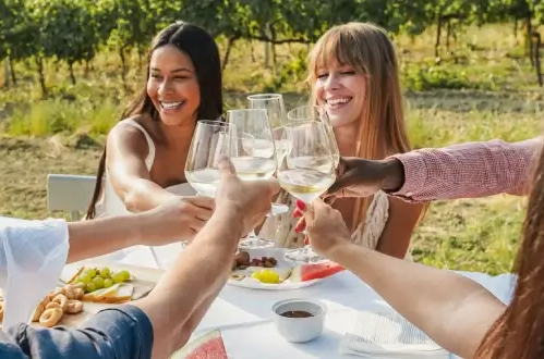 Eine Gruppe von Freunden stößt mit Gläsern Weißwein in einem sonnigen Weinberg an. Genießen Sie hochwertige australische Weißweine!