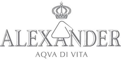 Das Logo der Marke Alexander Grappa AQVA DI VITA mit Krone und stilisiertem Dreieck. Hochwertiger italienischer Grappa für besondere Anlässe.