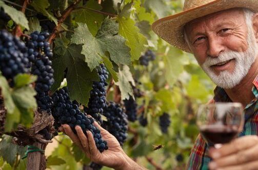 Älterer Winzer in einem Weinberg mit reifen roten Trauben, hält ein Glas Rotwein und lächelt. Ideal für Bio-Weinanbau.