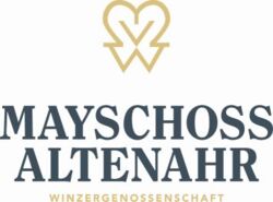 Logo der Winzergenossenschaft Mayschoss Altenahr in goldener und blauer Schrift mit stilisiertem Herz-Symbol oberhalb der Schrift.