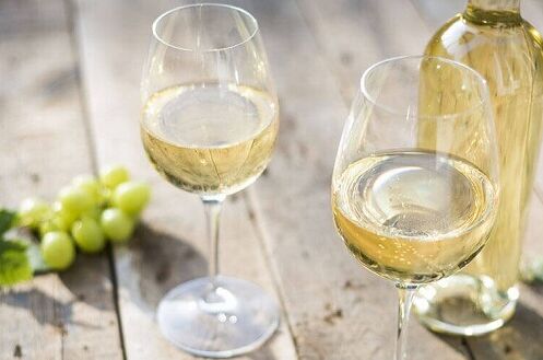 Zwei Gläser Grüner Veltliner Weißwein neben einer Flasche und Weintrauben auf einem Holztisch im Sonnenlicht.