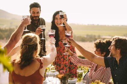 Gruppe von Freunden stoßen bei sonnigem Wetter im Freien mit veganem Wein an, genießen die Natur und die harmonische Zusammenkunft.