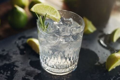 Ein Gin-Cocktailglas mit Limettenscheibe und Rosmarinzweig, umgeben von Limetten und Eiswürfeln auf einem dunklen Untergrund. Genieße Premium-Gin!