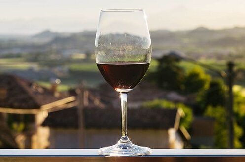 Ein Glas spanischer Rotwein auf einem Geländer, im Hintergrund eine malerische Landschaft mit Häusern und Bergen, ideal zum Genießen.