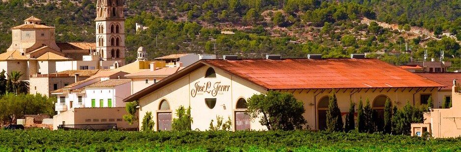 Das Bild zeigt die Jose Ferrer Weinkellerei in Spanien mit umliegenden Weinbergen und Gebäuden im Hintergrund. Ein malerischer Ort für Weinliebhaber!