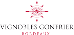 Das Bild zeigt das Logo von Vignobles Gonfrier, einem Weingut aus Bordeaux. Das Logo ist in Schwarz und Rot gehalten.