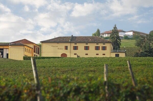 Das Bild zeigt das Weingut Alibrianza Cascina Radice in Italien, umgeben von saftigen Weinbergen und einem klaren Himmel im Hintergrund. Dieses Weingut steht für ausgesuchte italienische Weine!