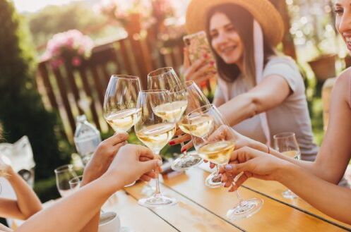 Eine Gruppe von Freunden stößt an einem Sommertag im Freien mit Gläsern halbtrockenen Weißweins an. Perfekt für entspannte Momente!