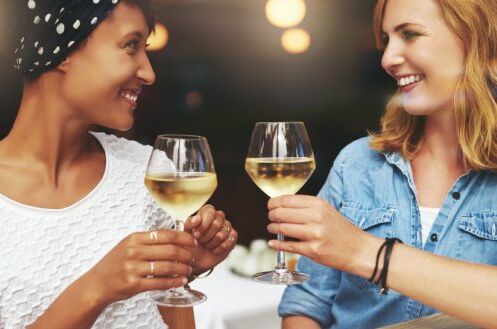 Zwei Frauen genießen alkoholfreien Weißwein in einem gemütlichen Ambiente, halten Weinflaschen und lächeln sich an. Perfekt für gesellige Anlässe!