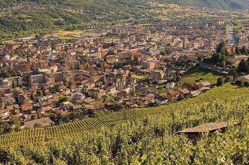 Blick auf die Weinberge im Weinanbaugebiet Castillon Côtes de Bordeaux mit der Stadt im Hintergrund. Entdecken Sie den feinen Wein aus dieser Region!