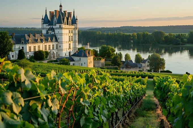 Chenin Blanc Blick auf ein Loire-Schloss mit umliegenden Weinbergen bei Sonnenuntergang – die historische Heimat des Chenin Blanc, wo die Rebsorte in renommierten Appellationen wie Vouvray und Savennières kultiviert wird.