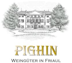 Künstlerische Darstellung des Pighin Weingutsgebäudes in Friaul mit Bäumen im Hintergrund und dem Text "Pighin, Weingüter in Friaul". Ein Zeichen von italienischer Weinqualität!