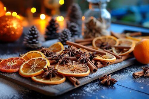 Gewürze für Glühwein wie getrocknete Orangenscheiben, Zimtstangen und Sternanis auf Holzbrett, dekoriert mit Lichtern und Tannenzapfen, festliche Atmosphäre.