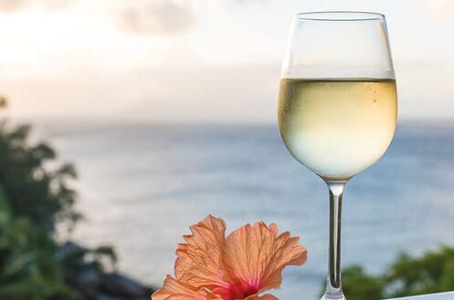 Ein Glas Weißwein auf einer Terrasse mit Blick aufs Meer, begleitet von einer Hibiskusblüte. Perfekt für sommerliche Abende.