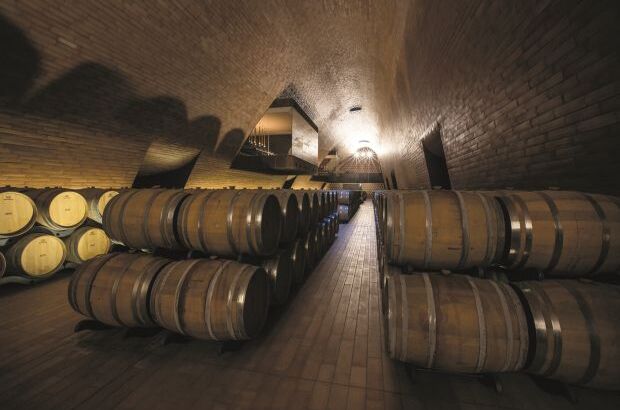 Der Antinori Weinkeller in Bargino, Italien, mit großen, hölzernen Weinfässern in einem luxuriösen, beleuchteten Gewölbe.