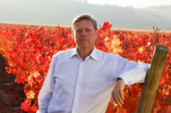 Ein Mann in einem Weinberg mit roten Weinreben im Hintergrund, Andes-Gebirge, Montes Wein. Entdecken Sie die chilenische Weinvielfalt!