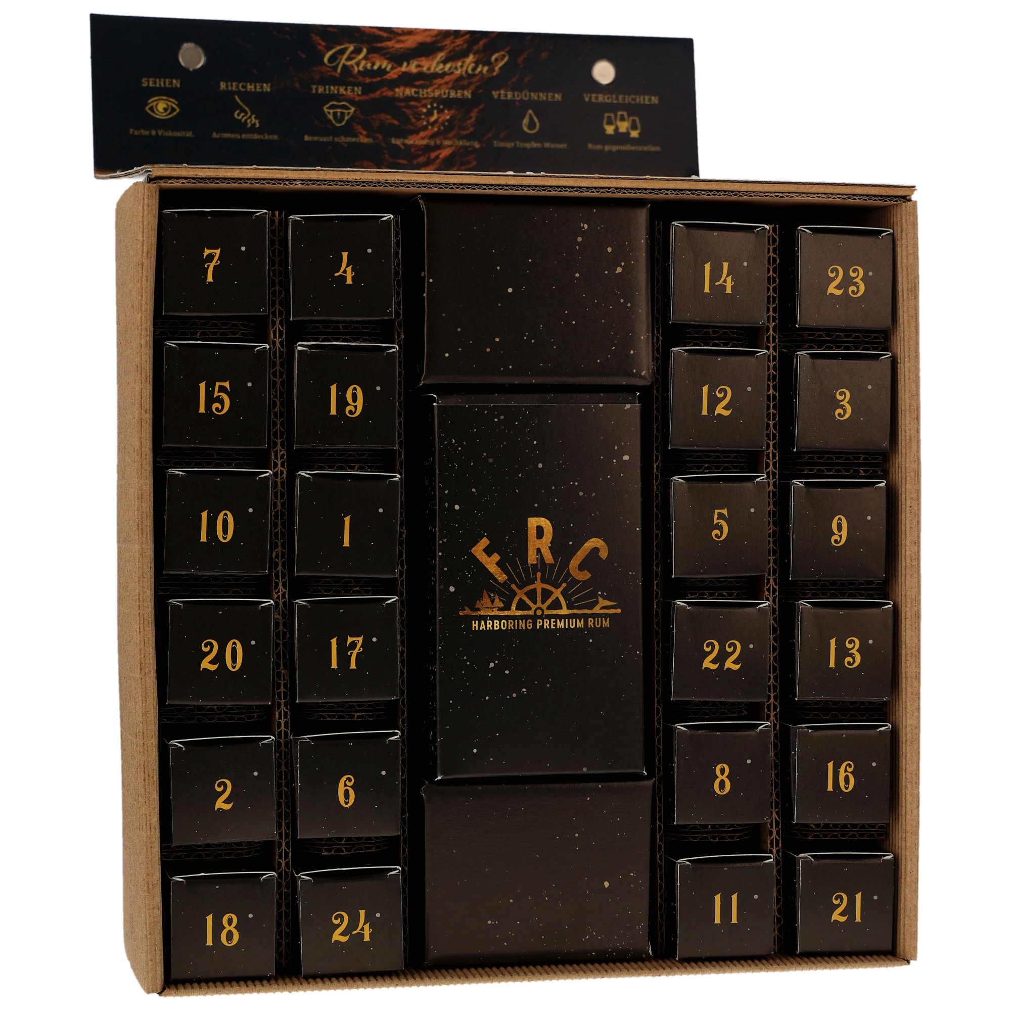 Schwarzer Rum Adventskalender mit 24 nummerierten Fächern, dekoriert mit goldener Schrift und Markenzeichen von FRC. Ideal als Geschenk.