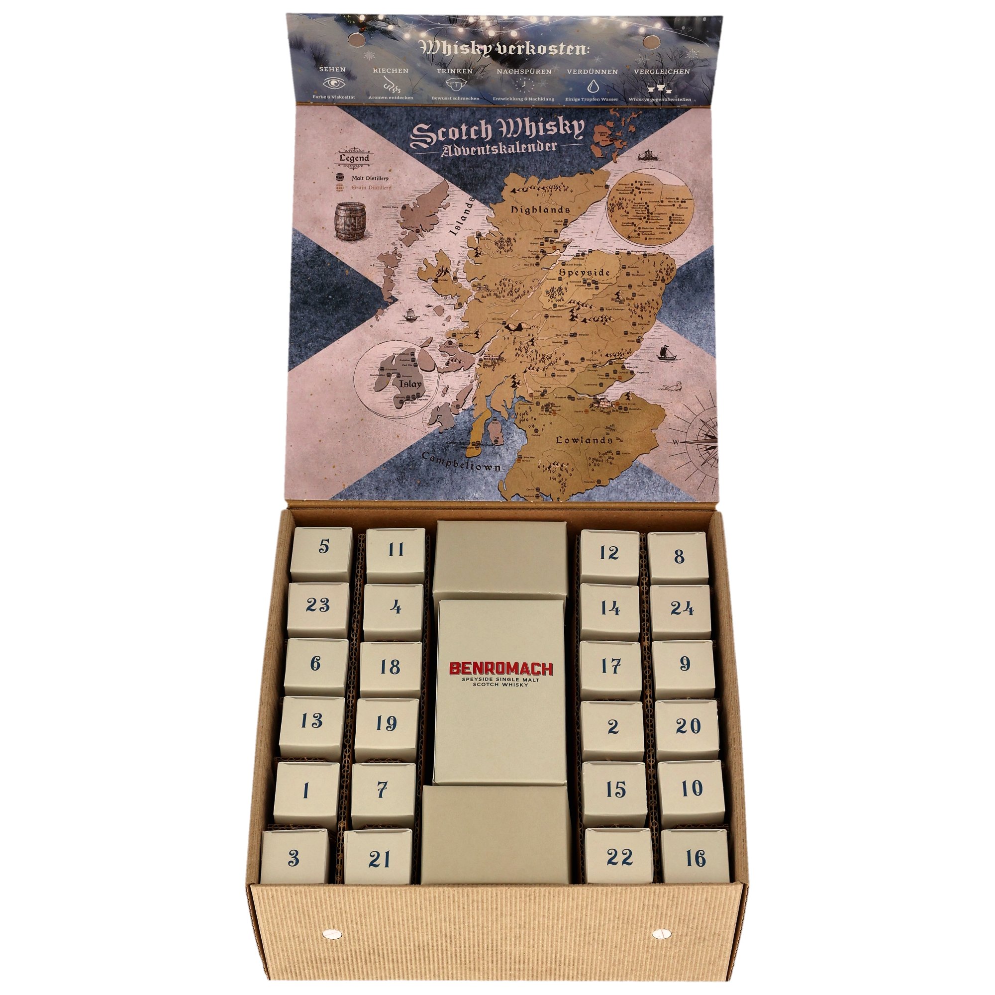 Scotch Whisky Adventskalender 2025 in geöffneter Box. Im Deckel ist eine Landkarte Schottlands mit eingezeichneten Whisky-Regionen zu sehen. Darunter befinden sich 24 nummerierte Fächer mit kleinen Whiskyflaschen.