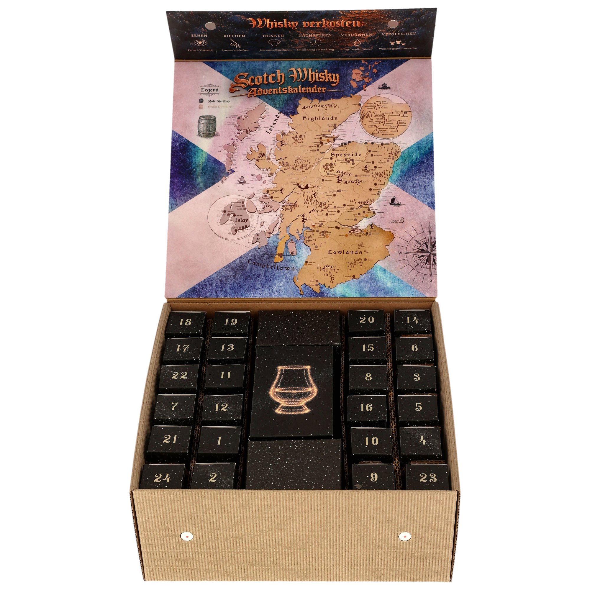 Scotch Whisky Adventskalender 2026 in geöffneter Box. Im Deckel ist eine Landkarte Schottlands mit eingezeichneten Whisky-Regionen zu sehen. Darunter befinden sich 24 nummerierte Fächer mit kleinen Whiskyflaschen.