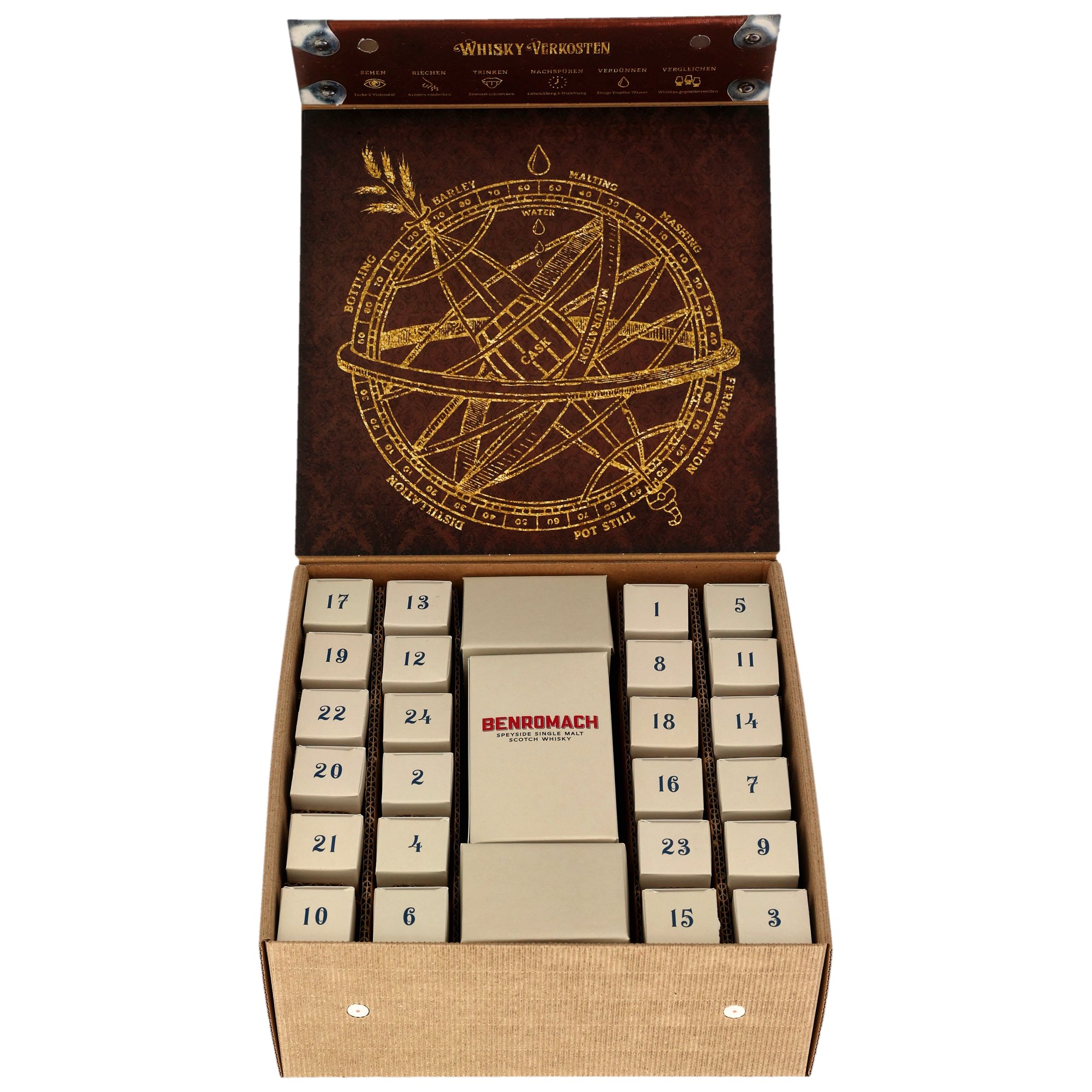 Whisky Adventskalender 2025 von Kirsch Import, auch bekannt als Whisky Wonder World Adventskalender. Die geöffnete Box zeigt 24 nummerierte Fächer mit kleinen Whiskyflaschen, angeordnet wie ein klassischer Adventskalender.