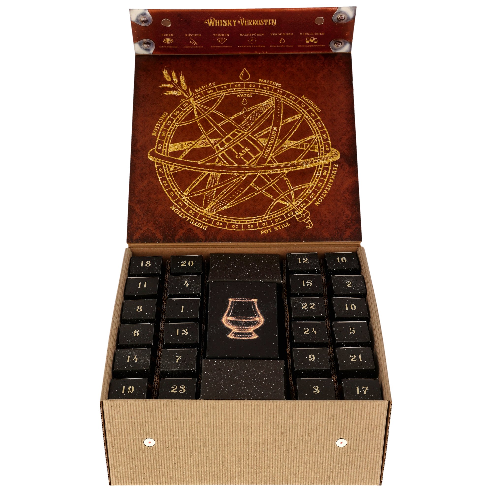 Whisky Adventskalender 2026 von Kirsch Import, auch bekannt als Whisky Wonder World Adventskalender. Die geöffnete Box zeigt 24 nummerierte Fächer mit kleinen Whiskyflaschen, angeordnet wie ein klassischer Adventskalender.