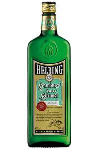 Klassische grüne Flasche Helbing Hamburger Kümmel norddeutsche Spirituose mit goldenem Siegel, Markenlabel und 35% vol