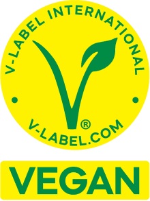 Gelbes V-Label International Logo mit grünem Blatt und Schriftzug "VEGAN", für vegane Weine und Spirituosen.