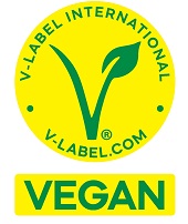 Gelbes V-Label International Logo mit grünem Blatt und Schriftzug "Vegan", Zertifizierung für vegane Weine und Spirituosen.