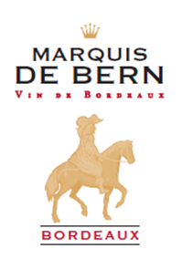 Etikett des Marquis de Bern Weins aus Bordeaux mit rotem Text und goldener Silhouette eines Reiters. Exquisite Wahl für Kenner!